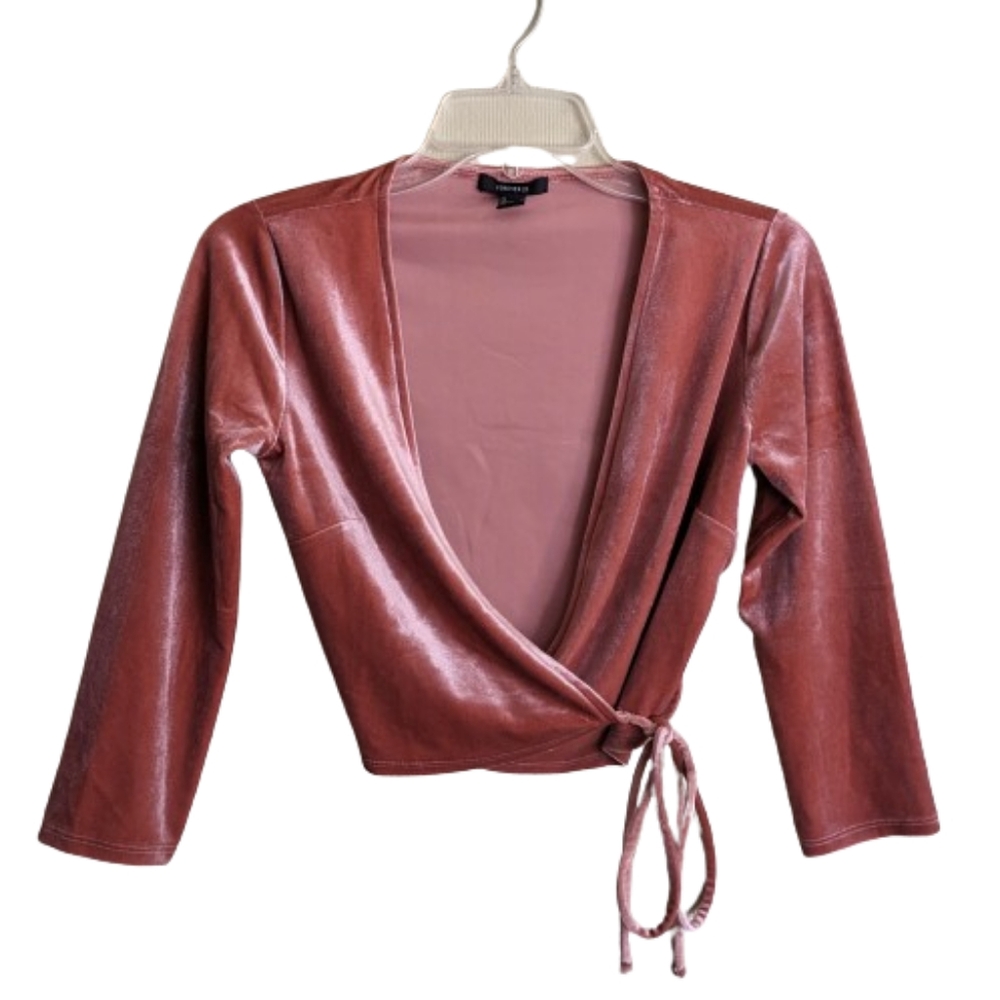 Forever 21 Wrap-around Top Pink Rose Velvet Cropped Long Sleeves V-neck